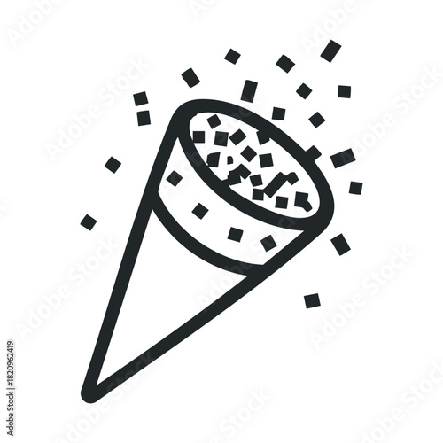 Simple thick line icon of a cone popper ejecting confetti.