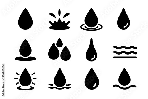Water Droplet Icons. Solid style icons of water and droplets: single water drop, splashing drop icon, drop with ripple, falling
