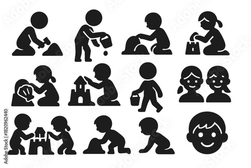 Kids Sandcastle Fun. Solid style icons of Kids Building: child with spade, bucket filling, pouring water, shaping sand, carving