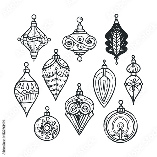 Collection of nine hand-drawn vintage-style hanging ornaments.