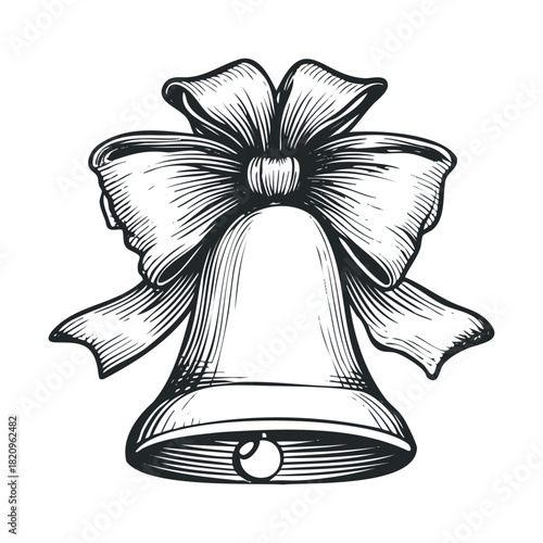 Engraving style drawing of a detailed bell and a large bow.