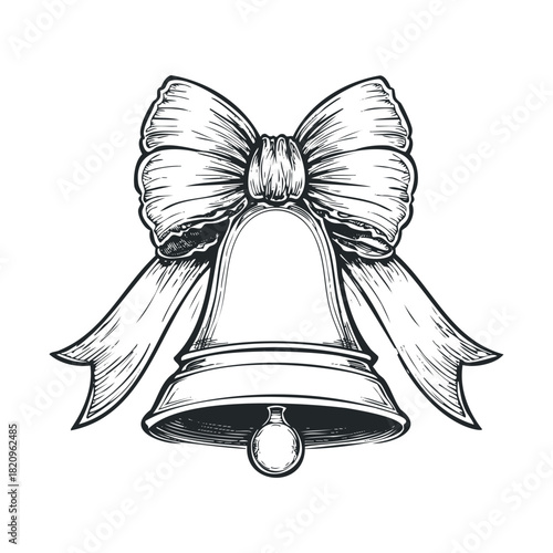 Engraved style drawing of a large bell with a flowing bow.
