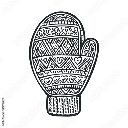 Detailed sketch of a knitted winter mitten with motifs