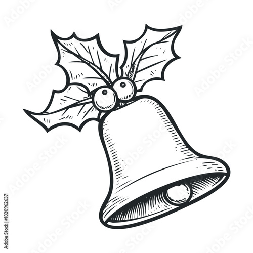 Engraved style drawing of a bell topped with holly and berries.