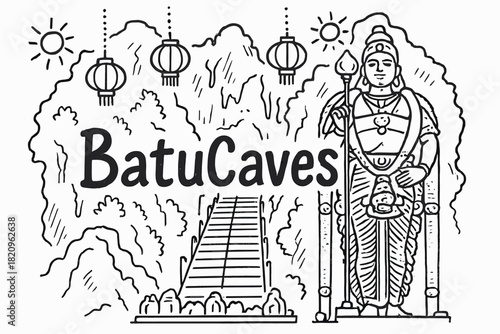 Man is standing in front of a cave with a sign that says BatuCaves