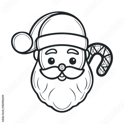 Simple outline of Santa's head with a candy cane beside it.