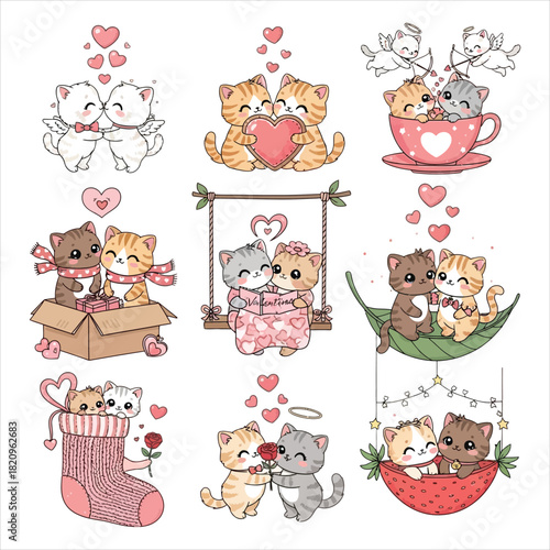 Charming cat couples celebrating valentine