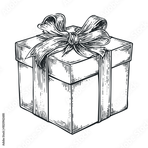 Engraving style drawing of a wrapped present with a ribbon.