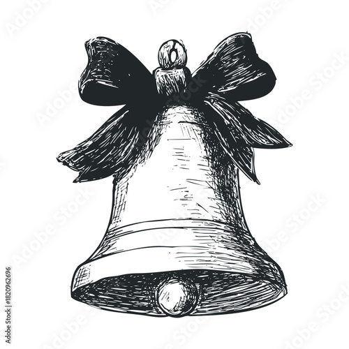 Detailed sketch of a bell with a large, dark bow tied above.