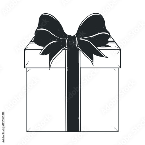 Monochromatic drawing of a gift box with a large ribbon bow.