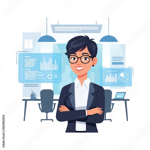 A cheerful young businesswoman with glasses and short black hair standing confidently with arms crossed in a modern office setting with various digital screens and graphs.