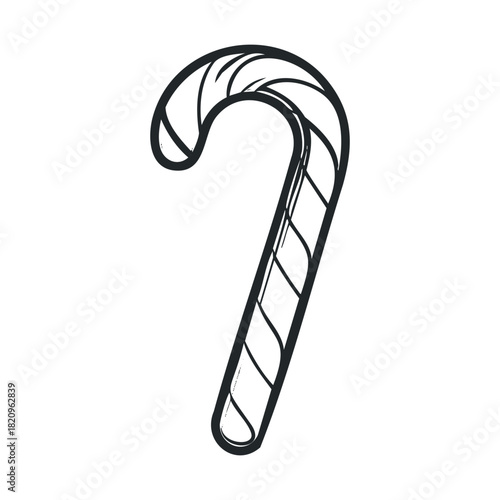 Simple black and white line drawing of a striped candy cane.