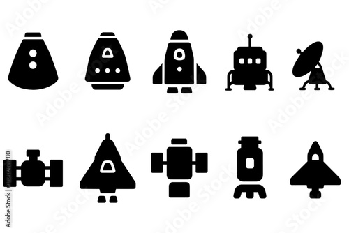 Spacecraft and Vehicles Icons. Solid style icons of spacecraft and vehicles: space capsule, command module, crewed spacecraft,