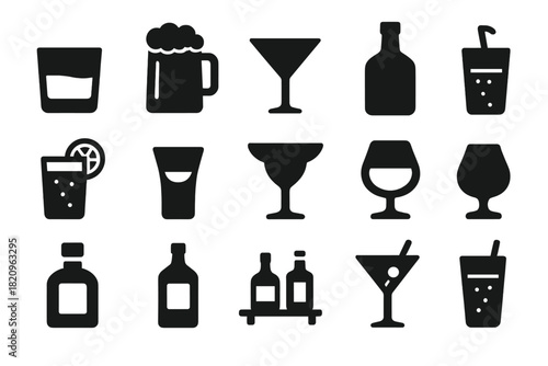 Alcohol Drink Icons. Solid style icons of Alcohol: whiskey glass, beer mug, cocktail glass, rum bottle, gin tonic, vodka shot,