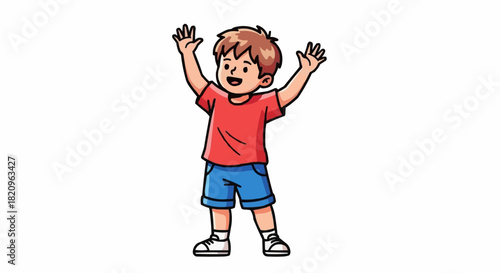 Cartoon Boy with Arms Raised in Joyful Celebration.