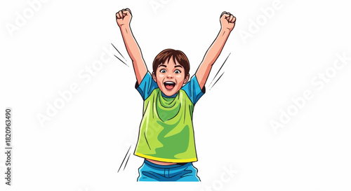 Joyful young boy celebrating with arms raised in excitement.