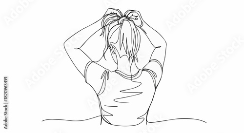 Continuous one line drawing of a woman holding her hair up from behind.