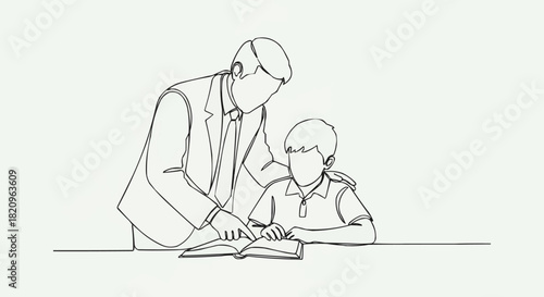 Teacher Guiding Student with Book in Continuous Line Drawing.