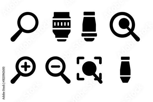 Magnification Icons. Solid style icons of Magnification: magnifying glass, zoom lens, microscope lens, close-up view, zoom-in icon