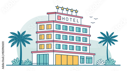 Charming coastal hotel with palm trees and star rating offers relaxing vacation getaway, perfect for travel brochures, websites, and resort promotions