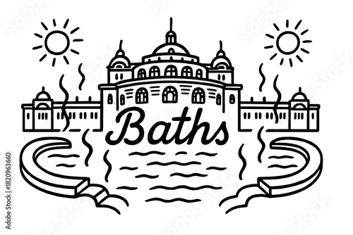 Drawing of a building with the word Baths written in white