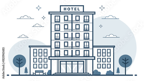 Modern hotel building illustration perfect for tourism ads, vacation planning, and hospitality marketing materials, showcasing a clean and inviting design