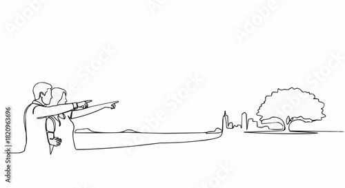 Minimalist one line art of a romantic couple looking ahead together.