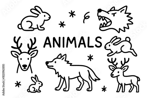 Black and white drawing of animals including deer, rabbits, and wolves