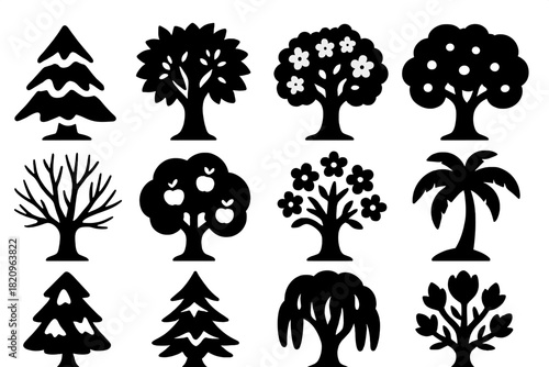 Seasonal Trees Icons. Solid style icons of Seasonal trees: snow-covered pine, autumn maple, spring blossom tree, summer oak, bare