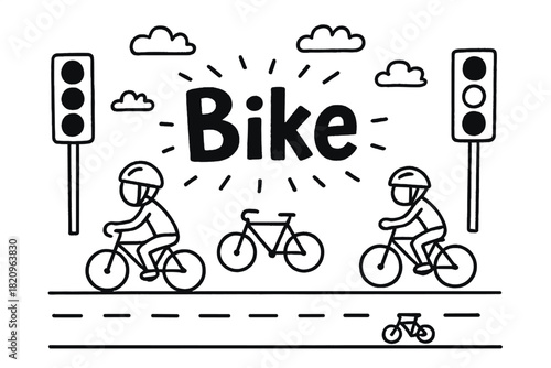 Black and white drawing of two people riding bicycles