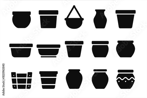 Variety of Plant Pots. Solid style icons of Plant Pots: round pot, square pot, hanging pot, tall vase pot, wide planter, window
