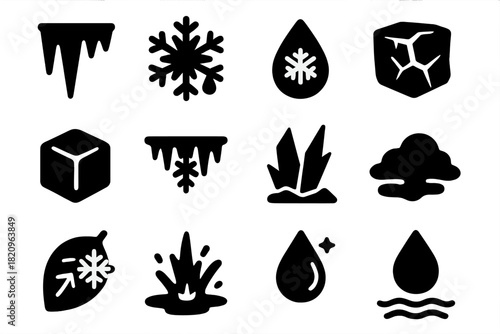 Solid Ice Icons. Solid style icons of Ice and frozen water: icicle, snowflake melting, frozen droplet, cracked ice, ice cube,