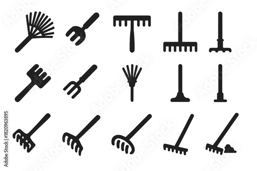 Raking Tools Icons. Solid style icons of Raking Tools: wooden rake, small hand rake, wide rake, long-handled rake, rake with