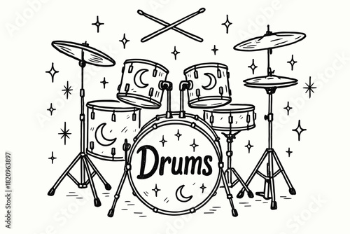 Drawing of a drum set with the word drums written below it