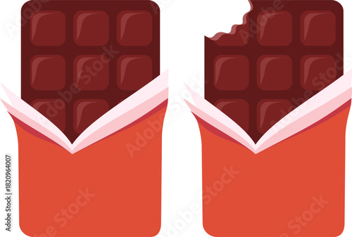 Vector set of two partially unwrapped dark chocolate bars—one whole and one with a bite mark—illustrating indulgence, snack time, and gourmet confectionery concepts.