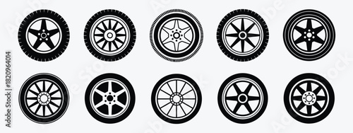 Car tire icons showing black wheel silhouettes, rim designs, and circular rubber forms ideal for auto service graphics, mechanic illustrations, and transportation themed vector projects