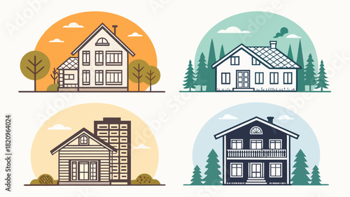 Four charming home illustrations showcasing diverse architectural styles, perfect for real estate, design, and community projects, originally designed as vector art