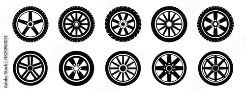 Car wheel icons featuring black tire silhouettes, detailed wheel disks, and rubber tire shapes in clean vector style