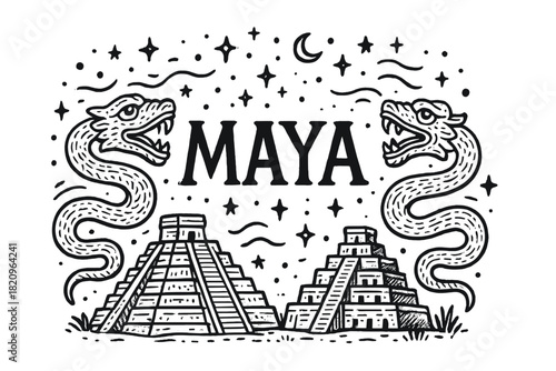 Drawing of two snakes with the word Maya written in the middle