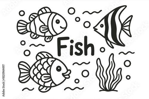 Three fish are swimming in the ocean with the word "fish" written in the center