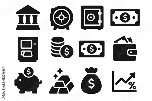 Banking Icons Collection. Solid style icons of Banking and finance: bank building, vault, safe box, ATM machine, coin stack,