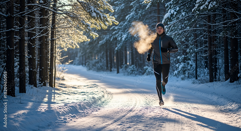Naklejka premium Jogger in winter gear athletic man jogging on snowy forest road in cold weather, visible breath in frosty air, wearing thermal running clothes, concept of healthy lifestyle, endurance and motivation