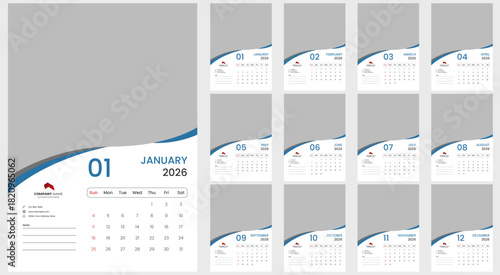 Professional 2026 wall calendar template for company. Modern monthly calendar template for 2026. Calendar design for 2026 week starts from sunday.