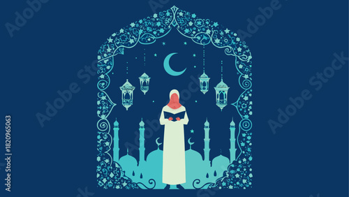 Woman reading in front of mosque with moon and stars