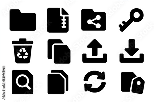 Digital File Icons. Solid style icons of digital file management: folder, zip archive, shared file, permissions key, recycle bin,