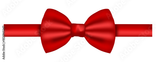 Elegant red ribbon bow on long horizontal band, shiny festive decorative element for gifts, holidays and celebration designs, isolated on transparent background. Vector illustration.