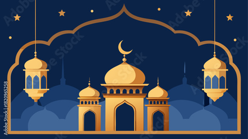 Illustration of a mosque with lanterns and stars
