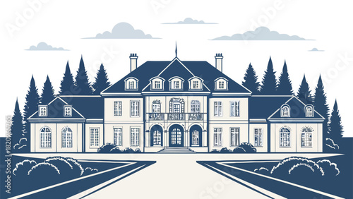 Elegant mansion nestled among towering trees creates a sense of luxury, perfect for real estate advertising or historical architectural illustration