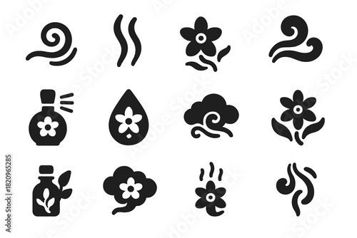 Floral Icon Set. Solid style icons of Floral Scents: fragrance swirl, rising aroma, scented bloom, misty swirl, blossom perfume,