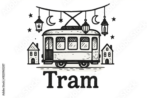 Black and white drawing of a tram with a star and a moon hanging from the top